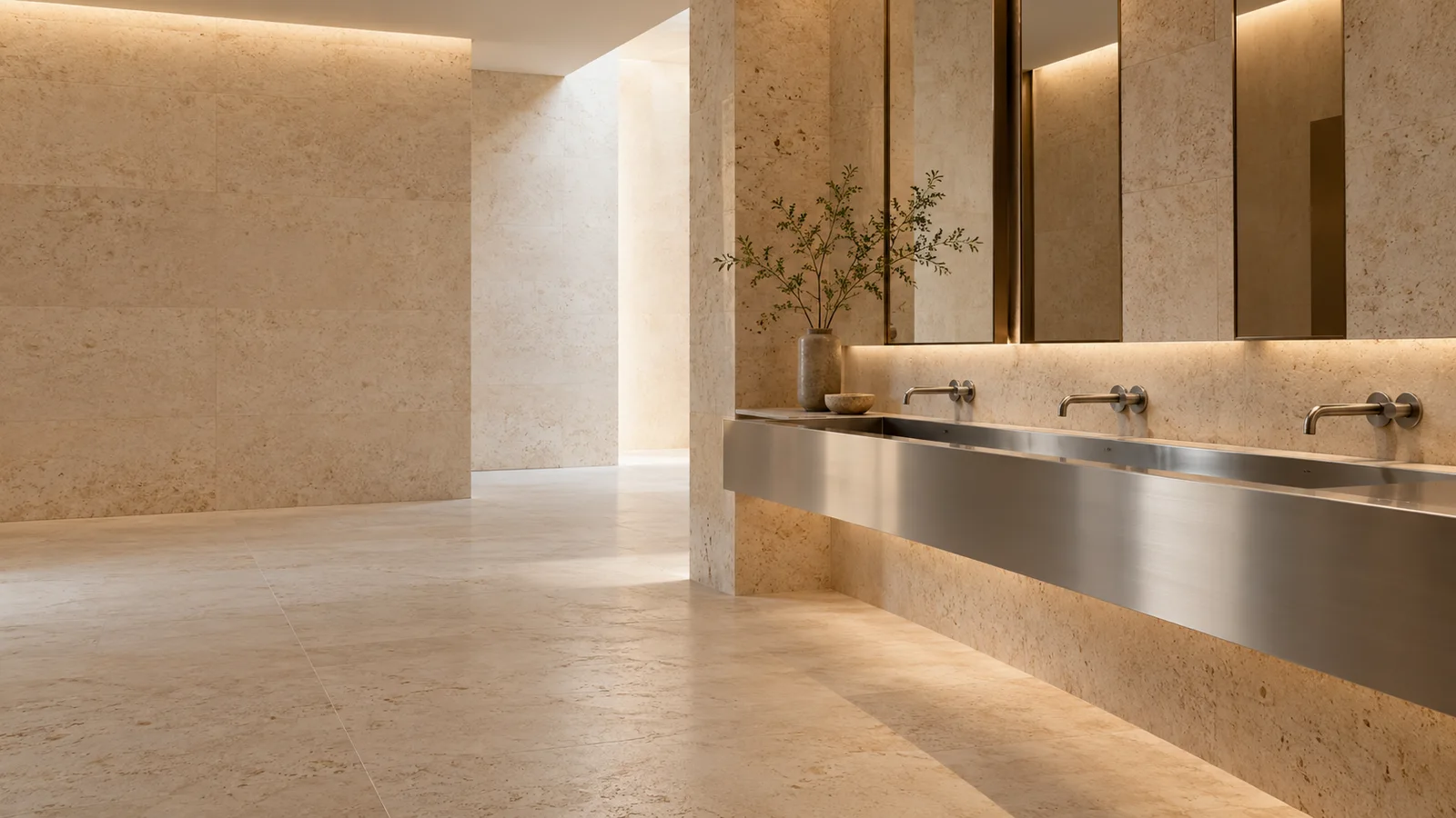 Concept architectural washroom with warm stone and stainless steel fixtures
